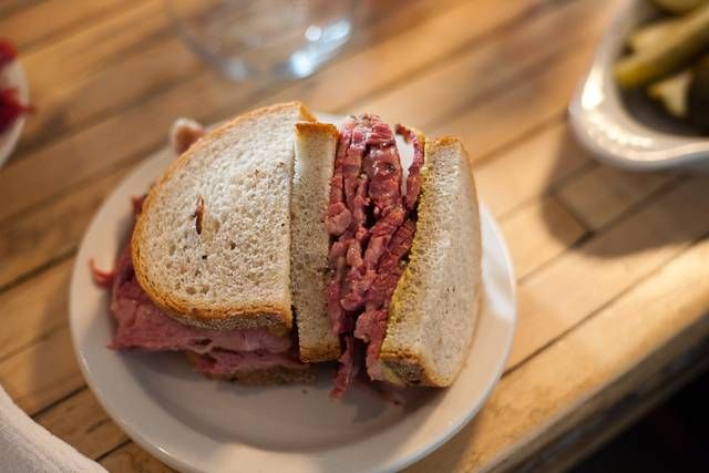 Smoked meat sandwich: beef brisket on rye with mustard